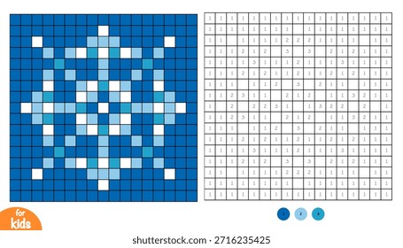 Snowflake winter pixel color by number page for kids. Educational activity for preschool and kindergarten children to learn numbers and colors. Simple square grid design
