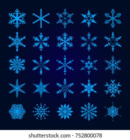 Snowflake winter set 2018. 25 blue snowflakes on a dark background.