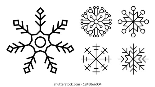 snowflake winter set of black isolated nine icon silhouette on white background. Snowflake vector icon set