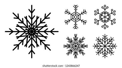snowflake winter set of black isolated nine icon silhouette on white background. Snowflake vector icon set