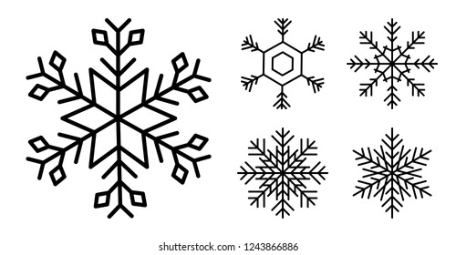 snowflake winter set of black isolated nine icon silhouette on white background. Snowflake vector icon set