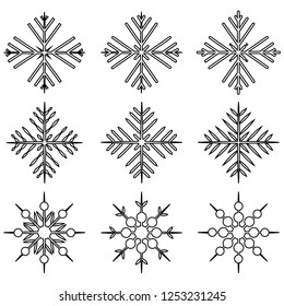 snowflake winter set of black isolated nine line icon silhouette on white background