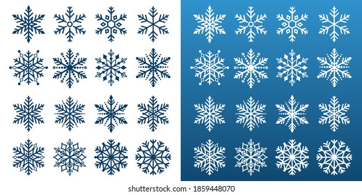 copo de nieve. conjunto invernal de silueta de icono aislado negro sobre fondo blanco y azul
