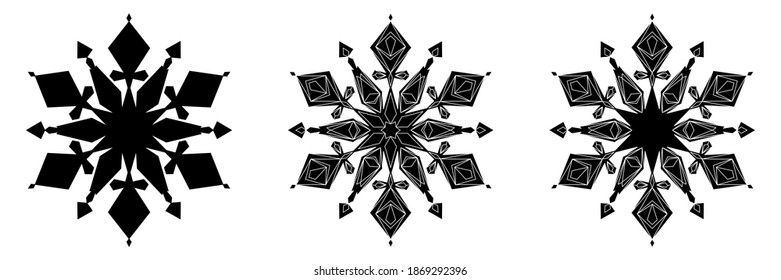 Snowflake winter set of black isolated three icon on white background. Vector illustration.