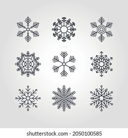 Schneeflocken Wintersatz einzeln auf Schwarz neun Symbol Silhouette Vektorgrafik Design