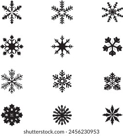 copo de nieve conjunto de invierno de negro aislado doce icono silueta sobre fondo blanco