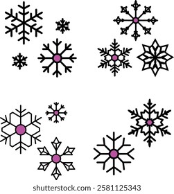snowflake winter set of black isolated icon silhouette on white background