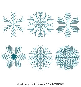 Snowflake Winter Set of Blue Isolated Six Icon Silhouette on White Background.