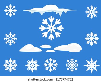 Snowflake winter set of blue on white background. Weather illustration ice collection. Xmas frost flat isolated silhouette symbol.