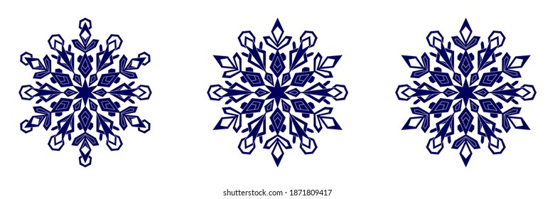 Invierno de copo de nieve conjunto de tres íconos azul oscuro sobre fondo blanco. Ilustración vectorial.