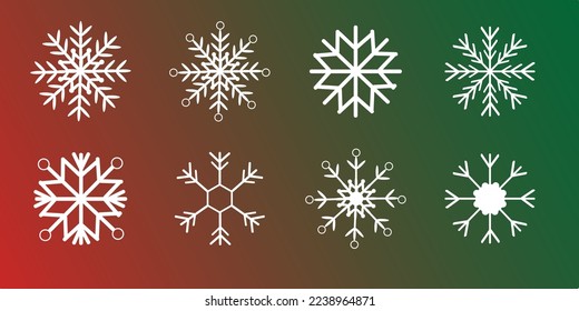 Juego de invierno de copos de nieve aislado de silueta verde y rojo sobre blanco 