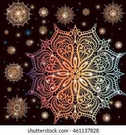 Snowflake winter set. Magic theurgy elegant filigree line art hand drawing pattern. Graceful flake of snow Vector