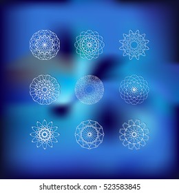 Snowflake winter set nine icon silhouette with shadow on a blurred vector background
