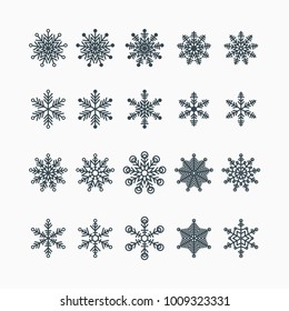 Snowflake winter set of twenty icons silhouettes. Vector illustration. Isolated background.
