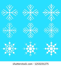snowflake winter set of white isolated nine icon silhouette on blue background