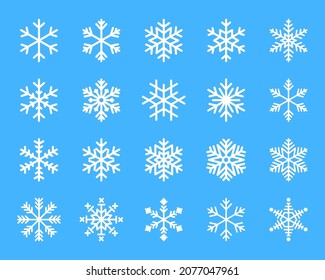 Snowflake winter set of white isolated icon silhouette on blue background. Vector illustration.