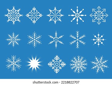 Juego de invierno con copos de nieve de silueta blanca aislada sobre fondo azul.