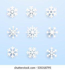 Snowflake winter set of white isolated on blue background.