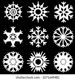 Snowflake winter set of white nine icon silhouette on black background
