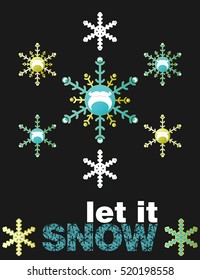 Snowflake winter vector set. Snowflake with santa beards. Let it snow text
