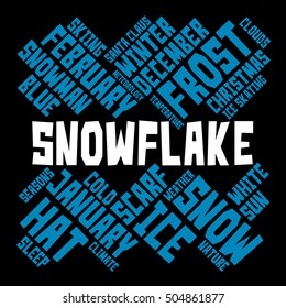 Snowflake word cloud on black background. Seasons concept. Vector.