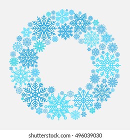 Snowflake wreath. Vector snowflakes frame isolated on white for xmas door invitation
