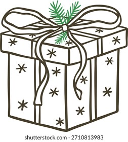 Uma caixa de presente adornada em floco de neve, amarrada com um arco e um galho de abeto, estilo de doodle monocromático. Temas de inverno, feriado e Natal. Coloração e decoração das crianças. Vetor. Estilo plano, ícone.