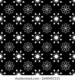Snowflake-inspired black and white pattern with crisp geometric flakes scattered symmetrically. A clean, wintry design suitable for holiday themes and seasonal prints.