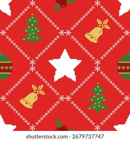 A snowflake-inspired diamond pattern, where each diamond contains festive motifs such as stars, bells, Christmas trees, and baubles. The design is arranged in a cross-stitch style, creating a handcraf