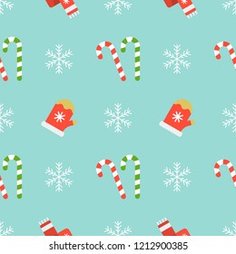 Snowflake,mitten gloves and candy cane, Christmas seamless pattern for use as wrapping paper gift,wallpaper or background