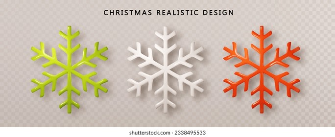 Snowflakes 3d set colors. Realistic red, white, green Christmas decoration isolated on transparent background. Holiday design vector objects.