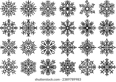 Snowflakes abstract designs set. Collection of beautiful snow flake designs for winter and Christmas decorations. black linear snow icons, abstract stylized illustrations, isolated on white background