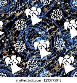 Snowflakes with angels. Silhouette. Christmas festive seamless pattern on black night background. Winter. Snowstorm. Vector image.