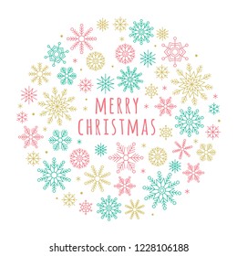 snowflakes arrange as circle shape illustration, flat design for use as wallpaper or background.editable outline of snowflakes