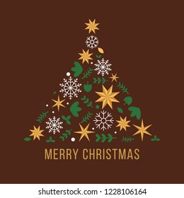 snowflakes arrange as Pine tree or Christmas tree shape illustration and Merry Christmas headline typography, flat design for use as wallpaper or background.editable outline of snowflakes