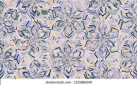 Snowflakes arranged like honeycombs. Seamless pattern. Motley texture. Chaos of colors. Multicolored elements.