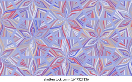 Snowflakes arranged like honeycombs. Seamless pattern. Motley texture. Chaos of colors. Multicolored elements.