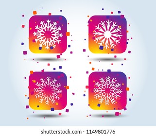 Snowflakes artistic icons. Air conditioning signs. Christmas and New year winter symbols. Colour gradient square buttons. Flat design concept. Vector