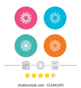 Snowflakes artistic icons. Air conditioning signs. Christmas and New year winter symbols. Calendar, cogwheel and report linear icons. Star vote ranking. Vector