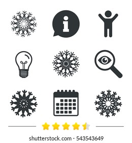 Snowflakes artistic icons. Air conditioning signs. Christmas and New year winter symbols. Frozen weather. Information, light bulb and calendar icons. Investigate magnifier. Vector