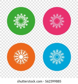 Snowflakes artistic icons. Air conditioning signs. Christmas and New year winter symbols. Round buttons on transparent background. Vector