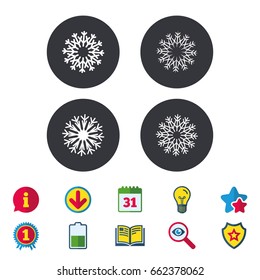 Snowflakes artistic icons. Air conditioning signs. Christmas and New year winter symbols. Calendar, Information and Download signs. Stars, Award and Book icons. Light bulb, Shield and Search. Vector