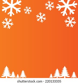 Snowflakes background. Christmas trees and New year wallpaper. Snow symbol. Orange background. Vector