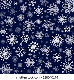 Snowflakes background in different shapes and sizes. Vector illustration.