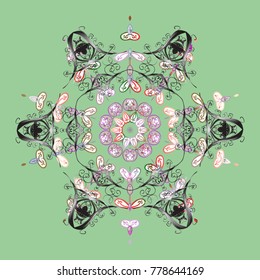 Snowflakes background. Flat design of snowflakes isolated on colorful background. Snowflakes pattern. Vector illustration. Snowflake ornamental pattern.