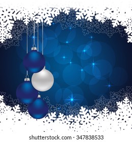 snowflakes background with hanging balls and snow. vector illustration