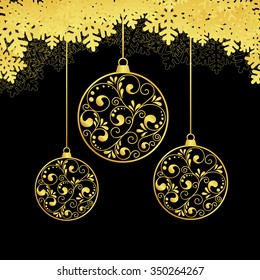 snowflakes background with hanging balls and snow. vector illustration