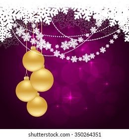 snowflakes background with hanging balls and snow. vector illustration