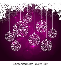 snowflakes background with hanging balls and snow. vector illustration