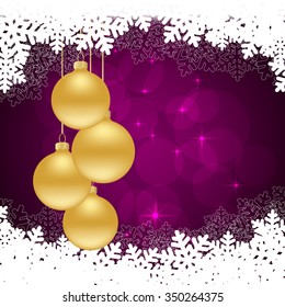 snowflakes background with hanging balls and snow. vector illustration